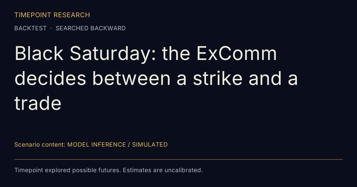 Black Saturday: the ExComm decides between a strike and a trade. BACKTEST  ·  SEARCHED BACKWARD. Scenario content: MODEL INFERENCE / SIMULATED; exploratory scenarios and uncalibrated estimates.