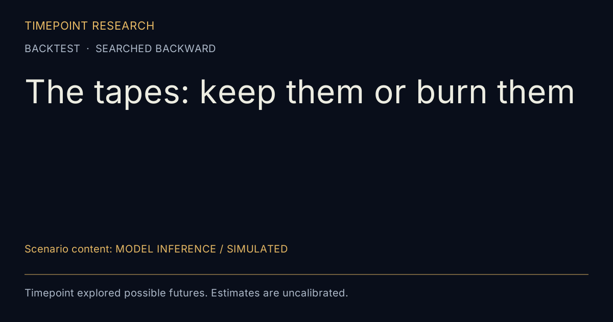 The tapes: keep them or burn them. BACKTEST  ·  SEARCHED BACKWARD. Scenario content: MODEL INFERENCE / SIMULATED; exploratory scenarios and uncalibrated estimates.