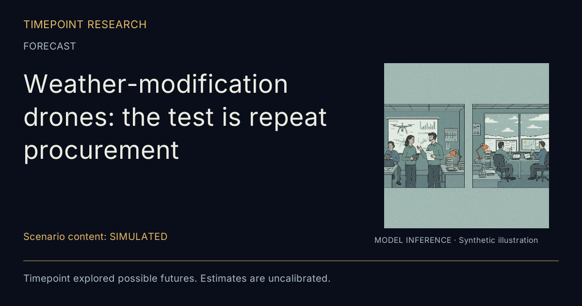 Weather-modification drones: the test is repeat procurement. FORECAST. Scenario content: SIMULATED; exploratory scenarios and uncalibrated estimates. Includes a synthetic illustration (MODEL INFERENCE).